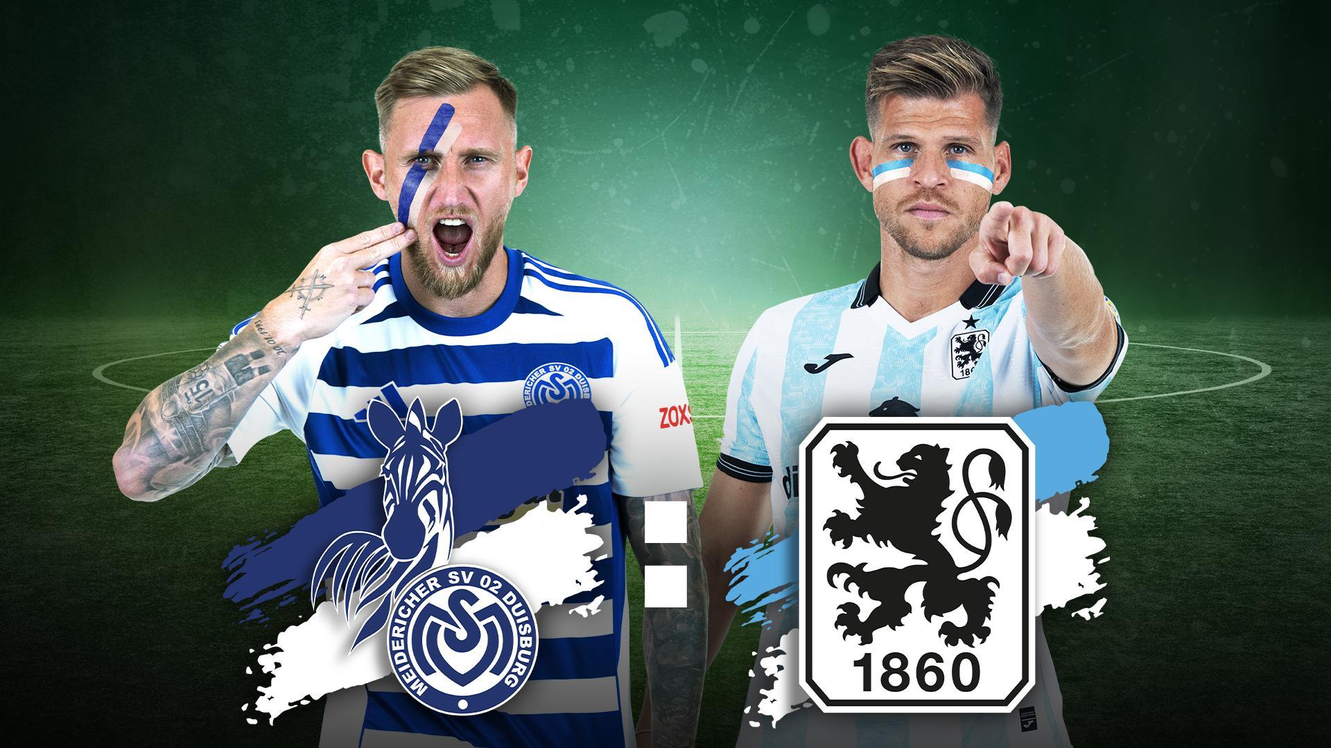 Werbegrafik mit Spielern von MSV Duisburg und 1860 München mit Vereinslogos.